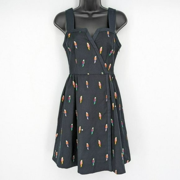 Kate Spade Flock Party Dress 0 Black Parrot Jacquard Fit N Flare Mock Wrap Mini - Picture 1 of 15